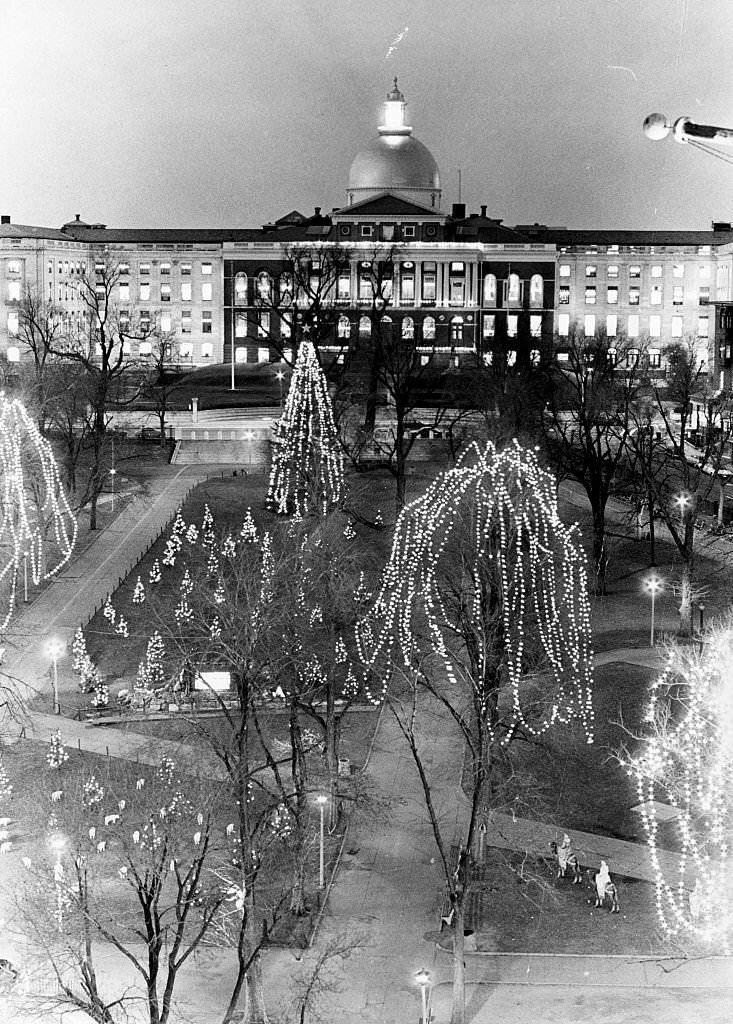 Boston Common trees in front of the Mass. State House are decorated for the holidays on Dec. 4, 1969.
