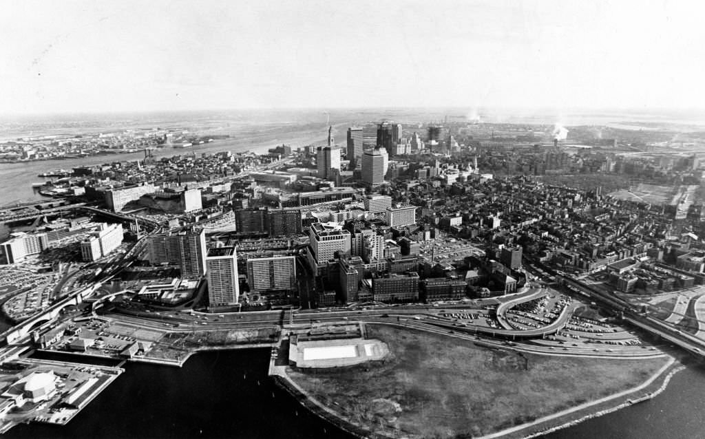 An aerial view of the Boston skyline, with Lederman Park on the Charles River in the foreground, Dec. 5, 1969.