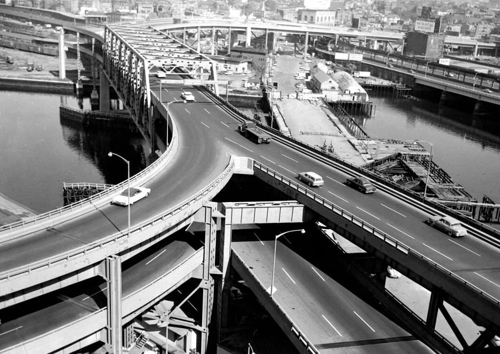 An aerial view of the central artery from where the ramp from Storrow Drive joins it in Boston, Sept. 28, 1961.