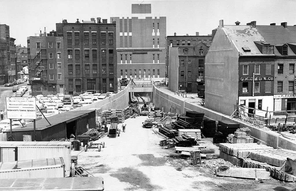 Construction surrounds the Boston approach to the second East Boston tunnel, later known as the Lieutenant William F. Callahan Jr. Tunnel, on July 13, 1961.