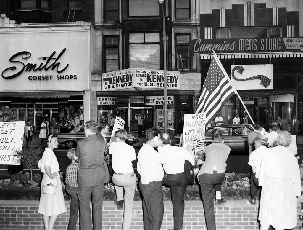 Members of the Nationalist Party picket outside Edward M. Kennedy's campaign headquarters on Tremont Street in Boston on June 30, 1962.