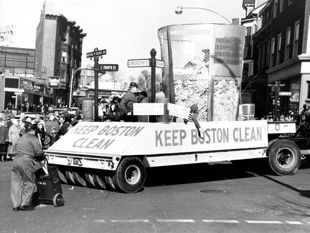 A Department of Public Works "Keep Boston Clean" float in the St. Patrick's Day parade on Mar. 17, 1961.