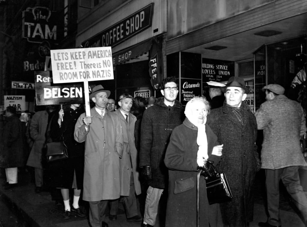 An anti-Nazi demonstration takes place on Tremont Street in Boston, 1961.