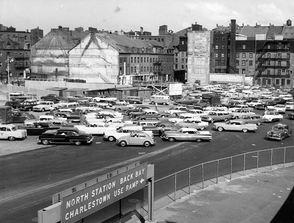 Traffic backs up as cars wait to enter the Sumner Tunnel in Boston on June 29, 1960. (Photo by Dan Goshtigian/The Boston Globe via Getty Images)