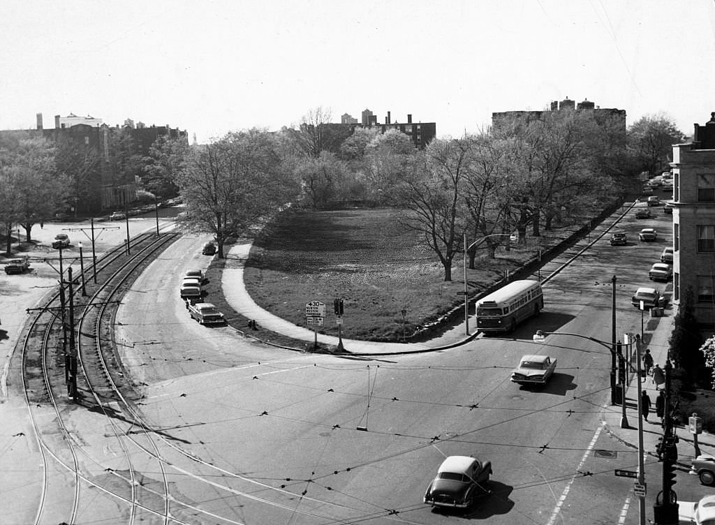 The triangular-shaped parcel of Park Department land at Commonwealth and Chestnut Hill Avenues in Boston, seen here on May 2, 1960, will be sold to a private firm for the construction of a 17-story, $3 million building.