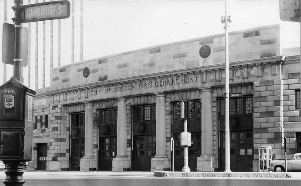 The exterior of the Bowdoin Square Fire House in Boston, May 26, 1962.