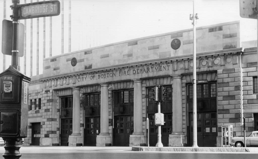 The exterior of the Bowdoin Square Fire House in Boston, May 26, 1962.