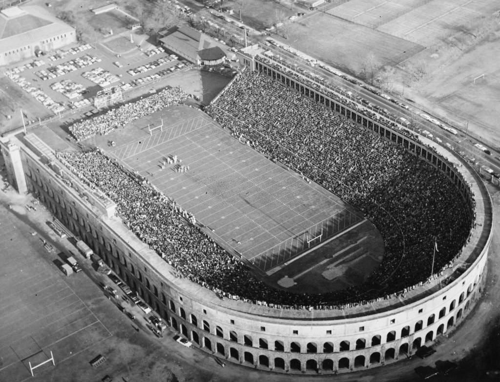 An aerial view of a Harvard vs. Yale game in Boston, 1960.