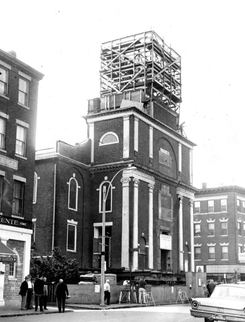 Restoration takes place on the steeple of St. Stephen's Church on Hanover Street in Boston's North End on Sep. 18, 1964.