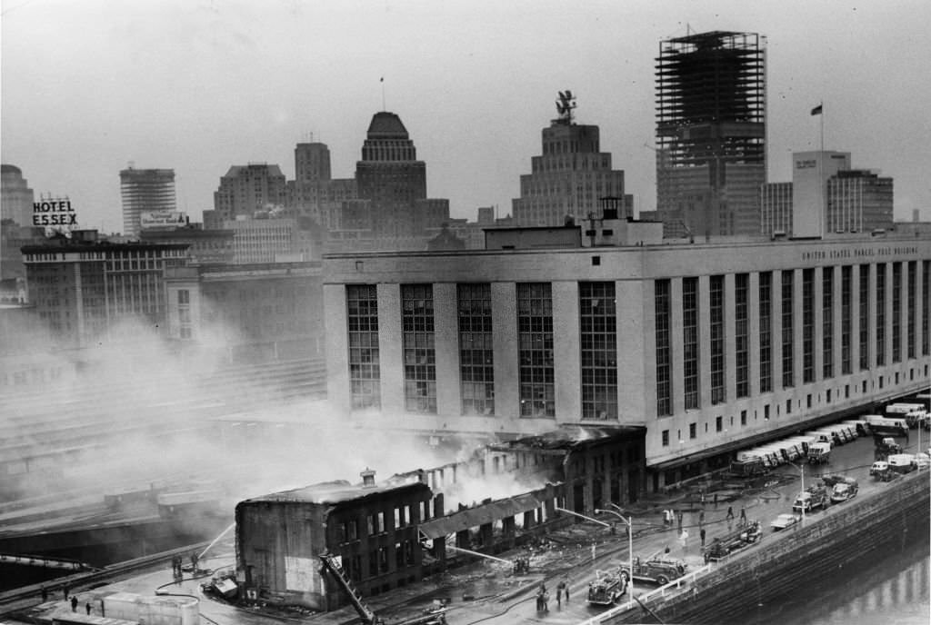 An aerial view of the South Postal Annex after a fire in Boston, Jan. 8, 1965.