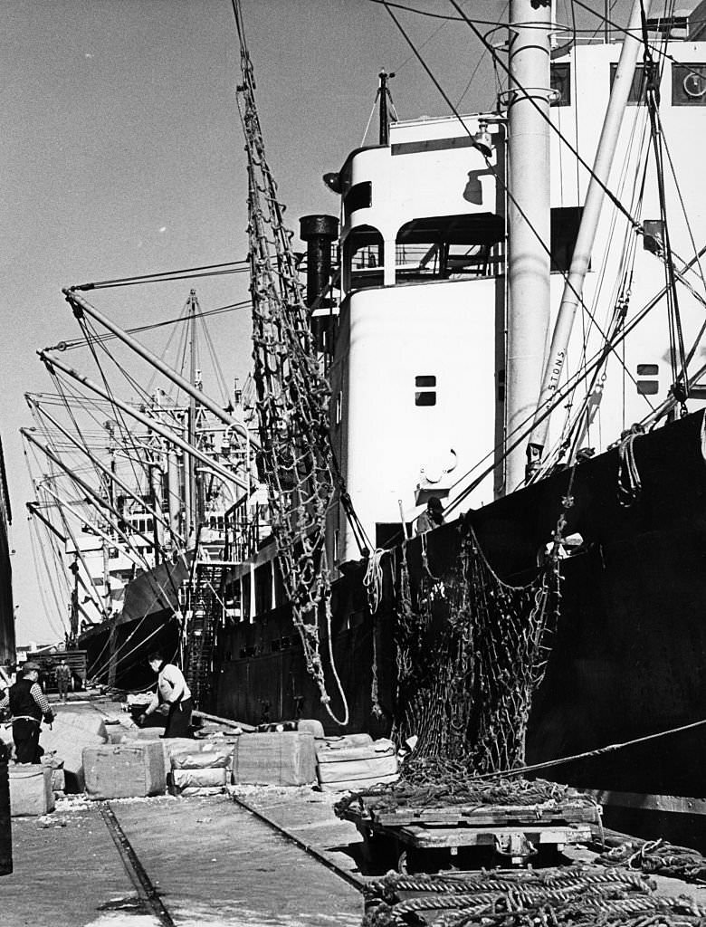 Two ships are unloaded at Commonwealth Pier in Boston on March 2, 1965.