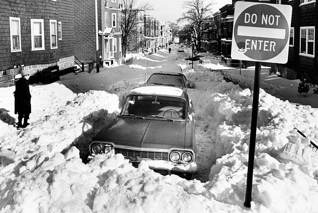 Lyon Street in Boston's Dorchester is impassable, 1978, two days after a severe snow storm that approached the record snowfall on the city for a 24-hour period.