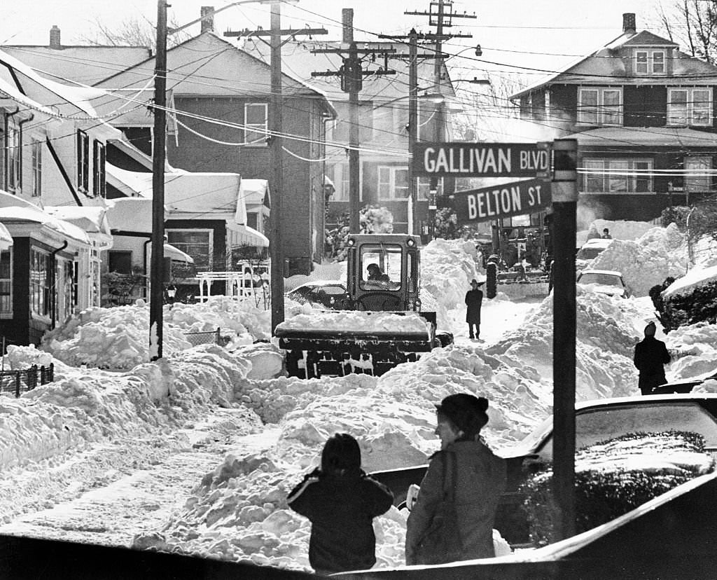 Belton Street in Boston's Dorchester is plowed out on Jan. 22, 1978, two days after a severe snow storm that approached the record snowfall on the city for a 24-hour period.