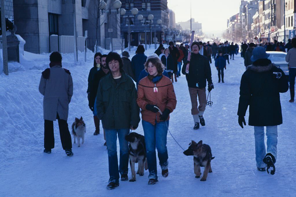 Pedestrians walking down the middle of Boylston Street in Boston, Massachusetts, during the during the 'Blizzard of '78'.