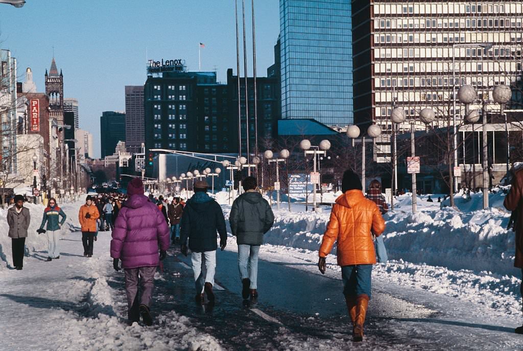 Pedestrians walking down the middle of Boylston Street in Boston, Massachusetts, February 1978.