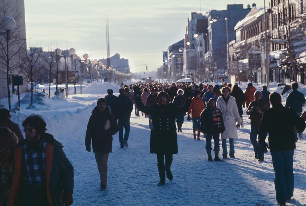 Pedestrians walking down the middle of Boylston Street in Boston, Massachusetts, 1978