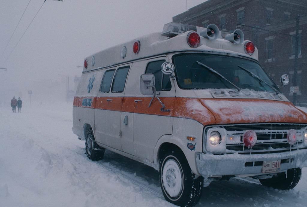 An ambulance in a snowstorm during the 'Blizzard of '78' in Boston.