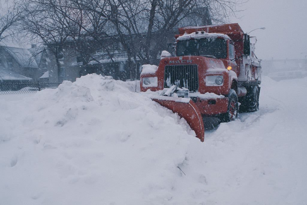 A snow plough at work in Boston, Massachusetts, during the during the 'Blizzard of '78'.