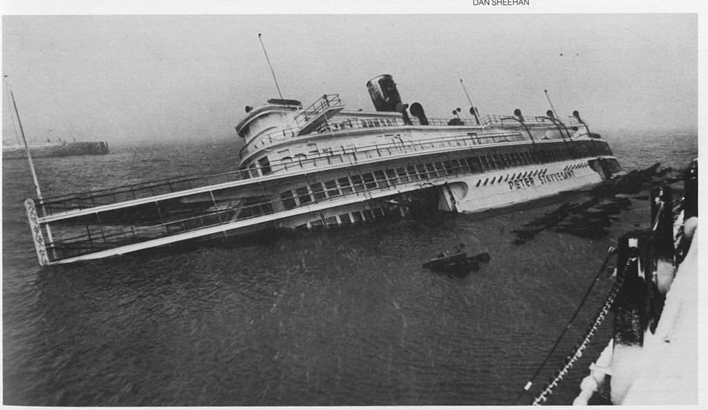 S.S. Peter Stuyvesant, a ship used as a cocktail lounge for the adjacent Anthony's Pier 4 restaurant, capsized yesterday during the "Blizzard of 78".
