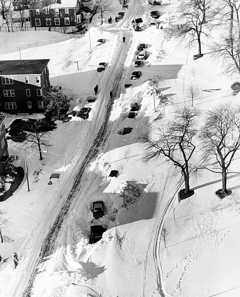 An aerial view shows cars buried in snow on Farragut Road in South Boston on Feb. 8, 1978.