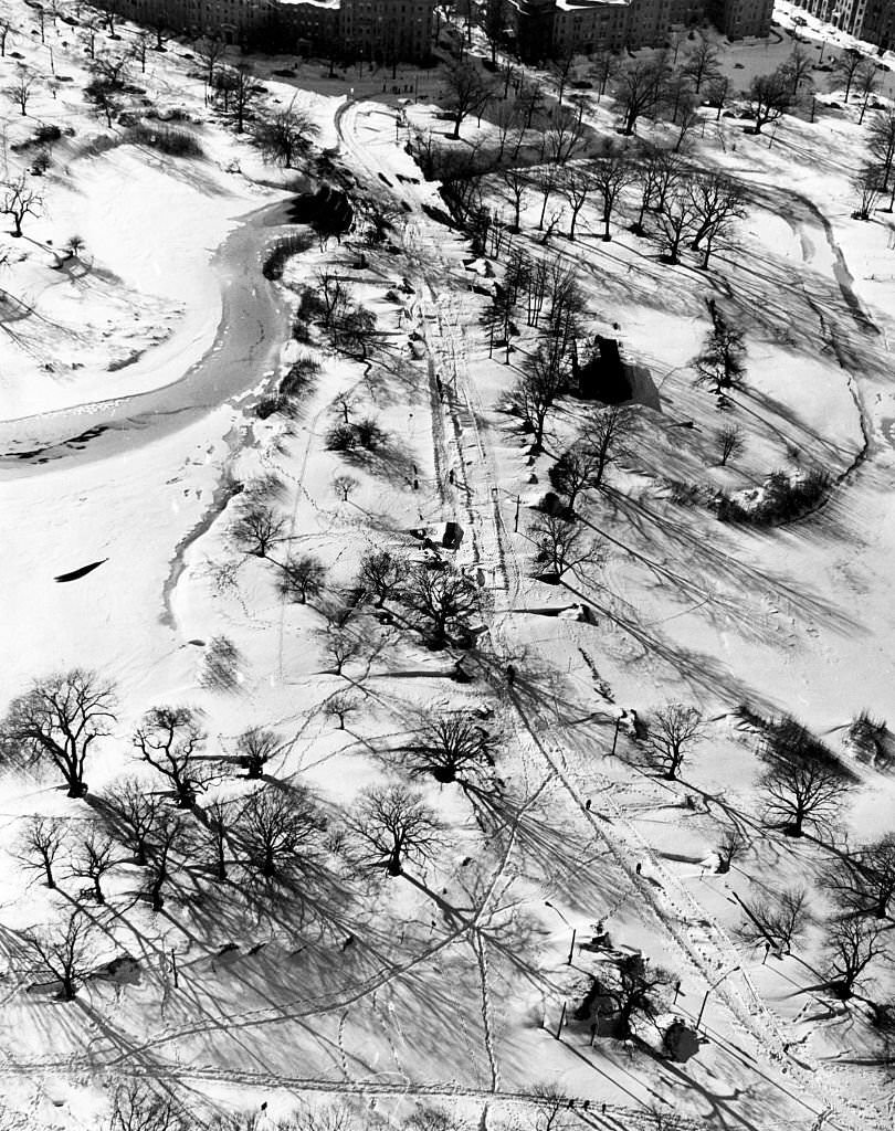 Aerial view of the Fenway in Boston, covered in snow Feb. 8, 1978.