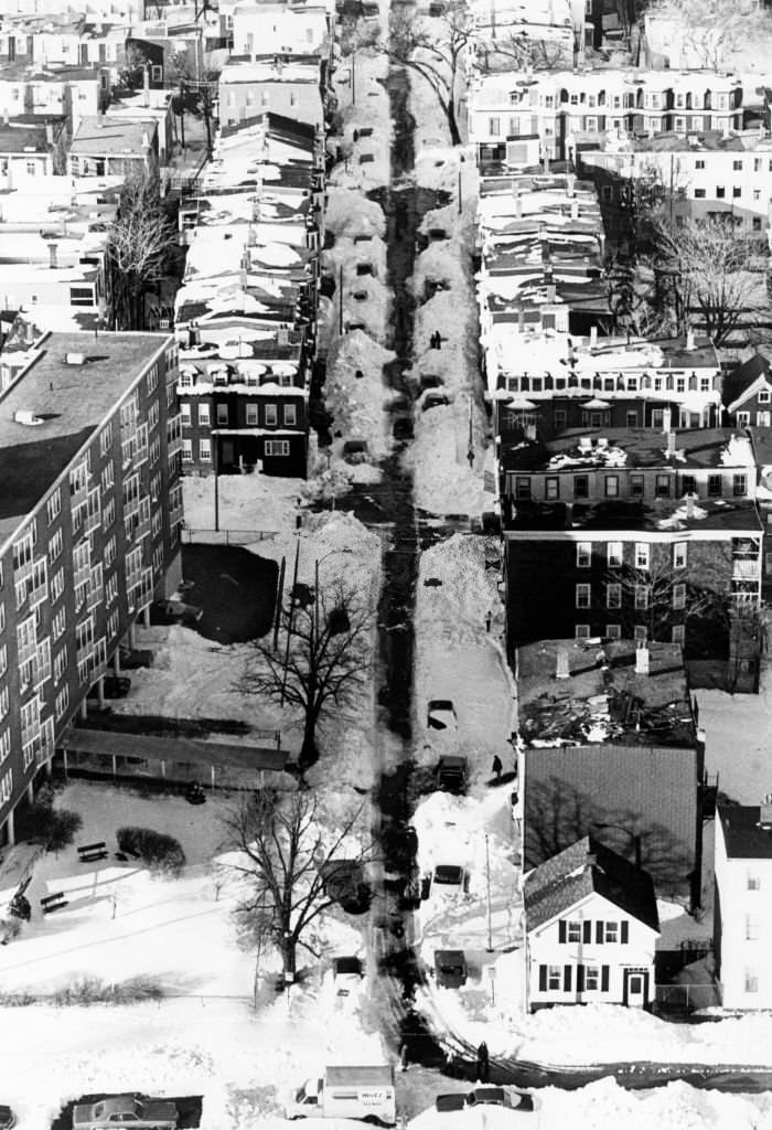 An aerial view of the snowy streets in South Boston on Feb. 8, 1978, following the Blizzard of 78.