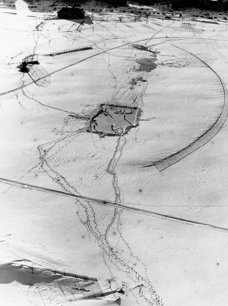 An aerial view of a homemade, outdoor rink in Columbus Park in South Boston on Feb. 8, 1978, following the Blizzard of 78.