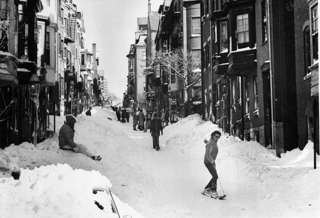 A young man glides down Revere Street in the Beacon Hill neighborhood of Boston on Feb. 8, 1978.