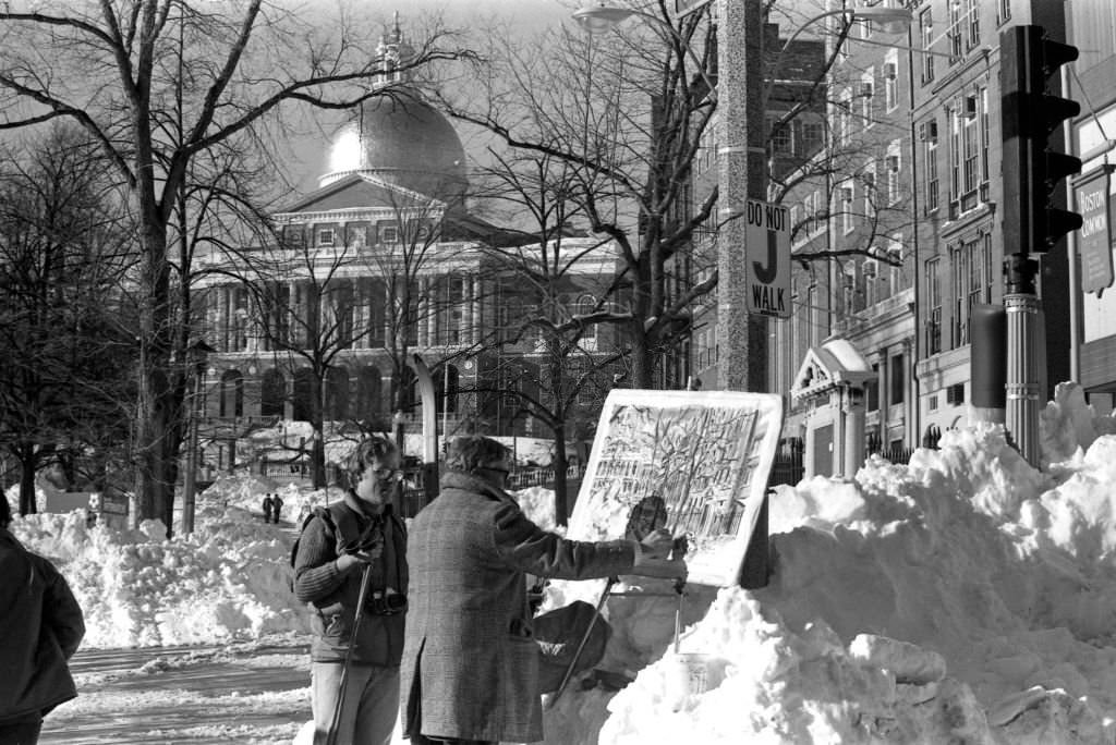 Paul Shea, art director in Waltham's public school system, paints a snowy scene on Park Street in Boston following the "Blizzard of 78" on Feb. 9, 1978.