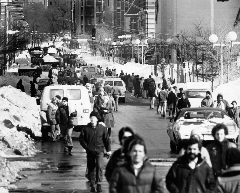 People walk down Boylston Street in Back Bay on Feb. 11, 1978, following the Blizzard of 78.