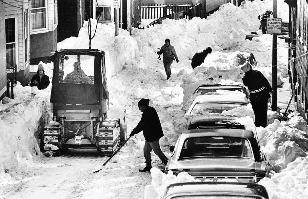 People start to dig out Pleasant Street in the Charlestown neighborhood of Boston on Feb. 11, 1978, following the Blizzard of 78.