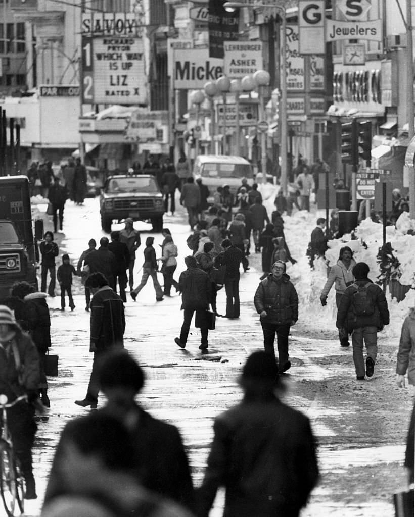 Pedestrian traffic on Boston's Washington Street on Feb. 13, 1978, following the historic "Blizzard of 78".