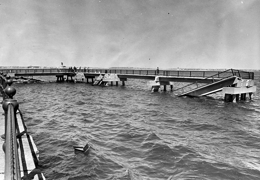 Part of the fishing pier at Boston's Castle Island toppled into the harbor during a record-setting winter storm in February 1978.