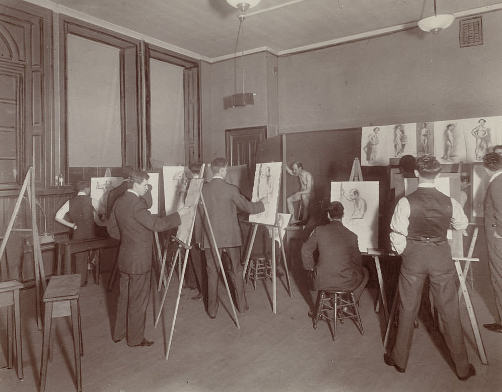 Evening drawing school, Warren Avenue (3rd year pupils drawing from life models)