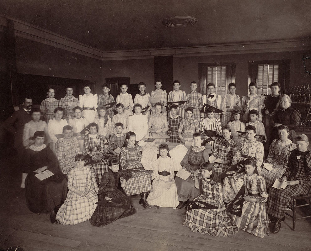 Posed view of school girls in a classroom