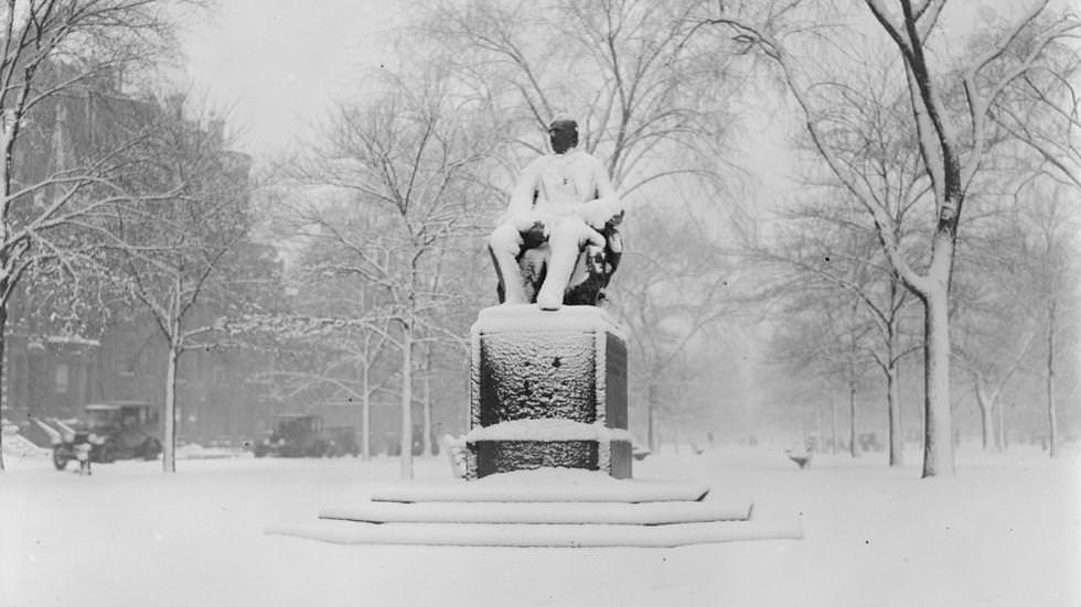 Statue of Garrison, Comm. Ave., covered with snow, 1922