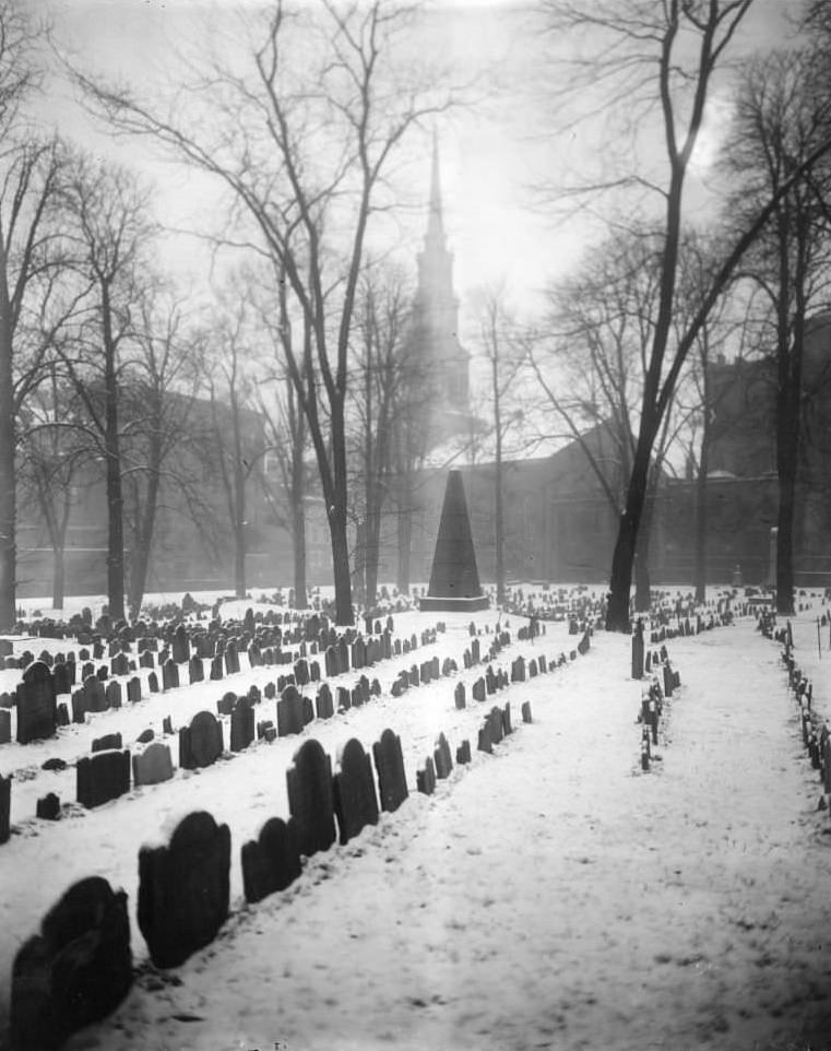 Snow-covered Old Granary Burying Ground, church spire in background, Boston, Massachusetts, 1906.