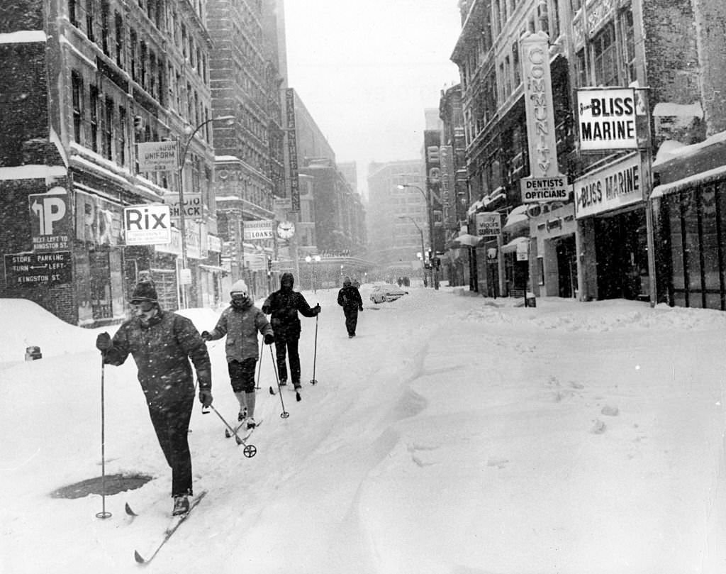 It's a wintry scene on Summer Street, as people use cross-country skis to get around Boston on Feb. 7, 1978, during a record-breaking blizzard.