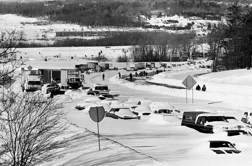 A highway in Massachusetts was buried in snow on Feb. 6, 1978, following the historic "Blizzard of 78".