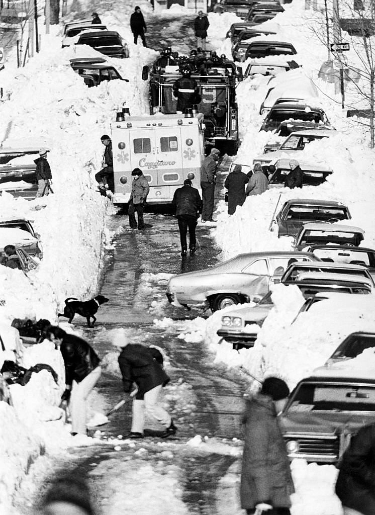 An ambulance, a fire truck, and snow shovelers all occupy Putnam Street in East Boston, 1978.
