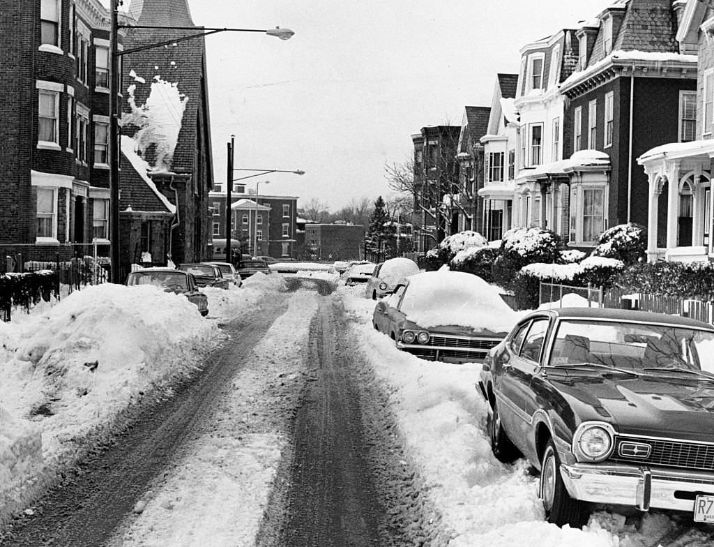 Woodbine Street in Roxbury is still unplowed at 3 p.m., 1976.