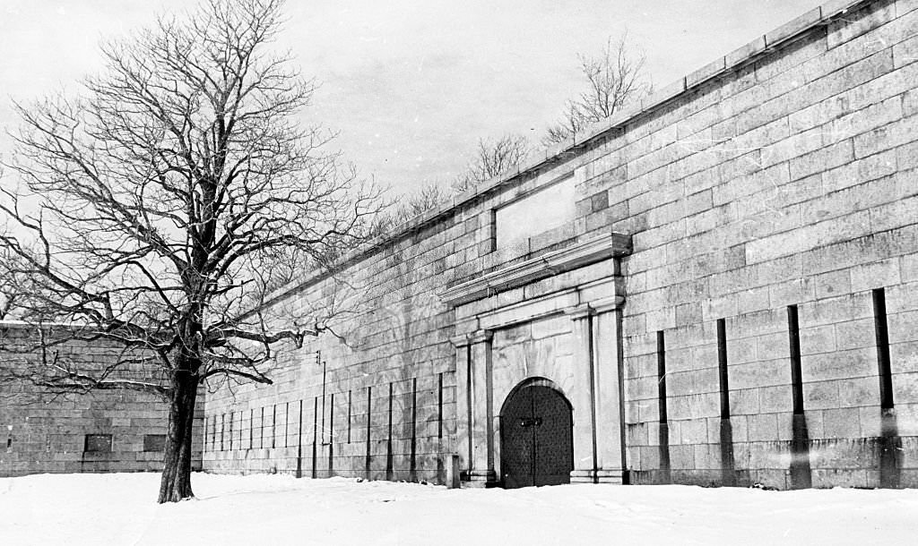 The main door to Fort Independence, as seen from the snow-covered inside of the fort, on Boston's Castle Island, 1974.