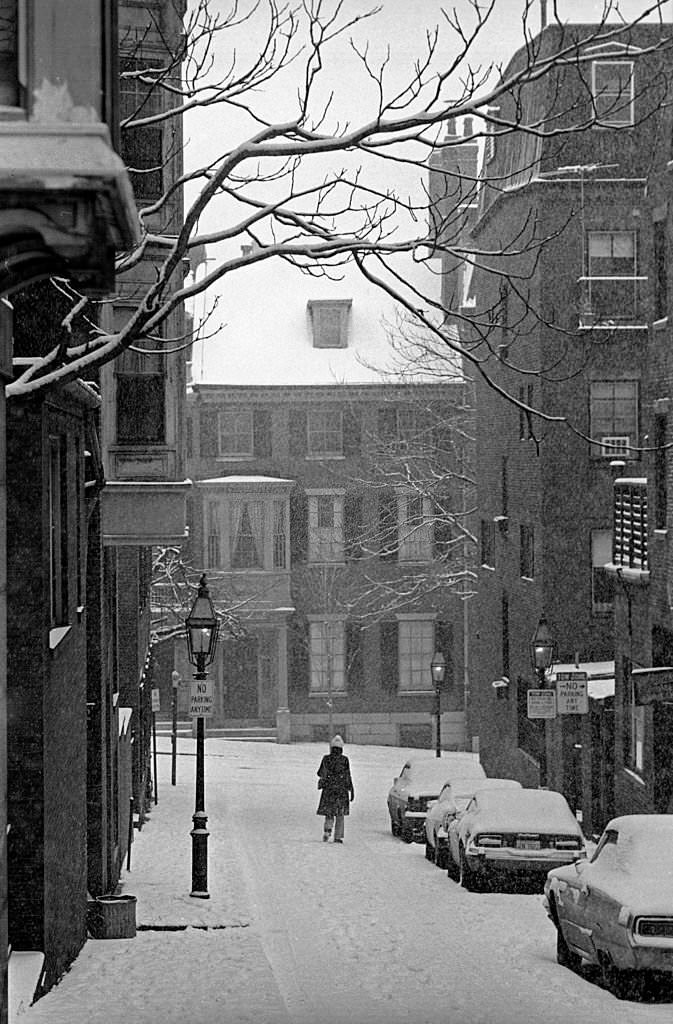 Snow storm on Beacon Hill, downtown Boston, Massachusetts, 1974.