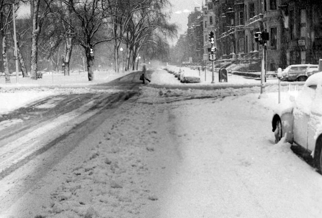 Commonwealth Avenue in Boston is covered in snow, 1972.