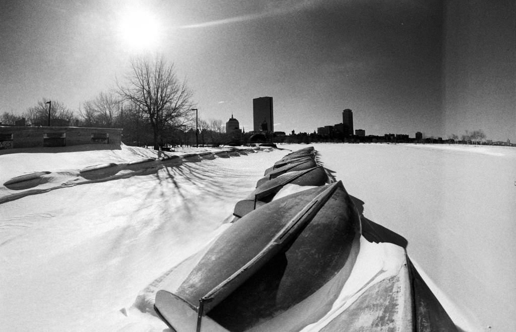 Winter snow at the Community Boat House on the Charles River Esplanade, Boston, Massachusetts, 1971.