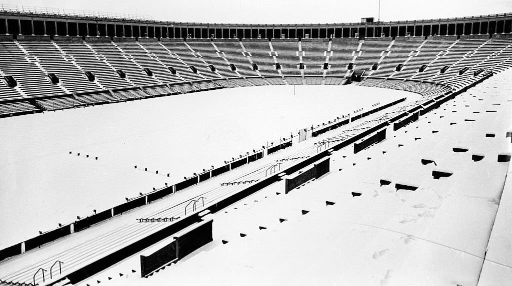 Snow covers Harvard Stadium in Boston, 1970.