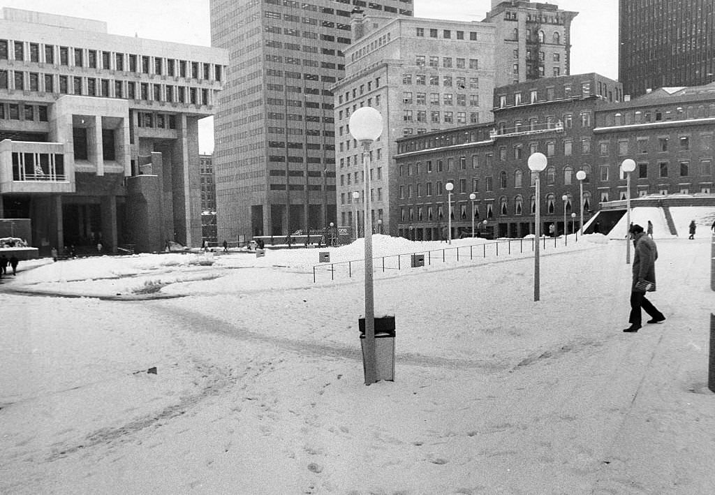 City Hall Plaza in Boston is covered in snow, 1970.