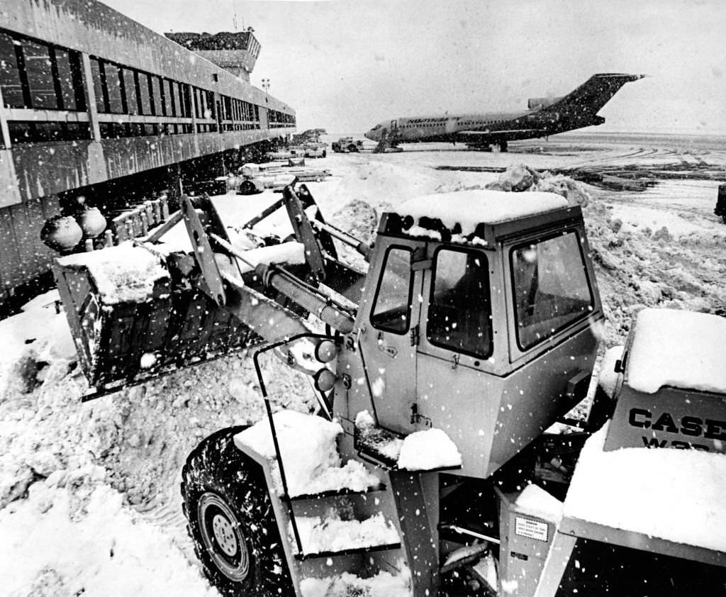 A snow mover clears a maintenance area at Logan Airport in Boston, 1970.