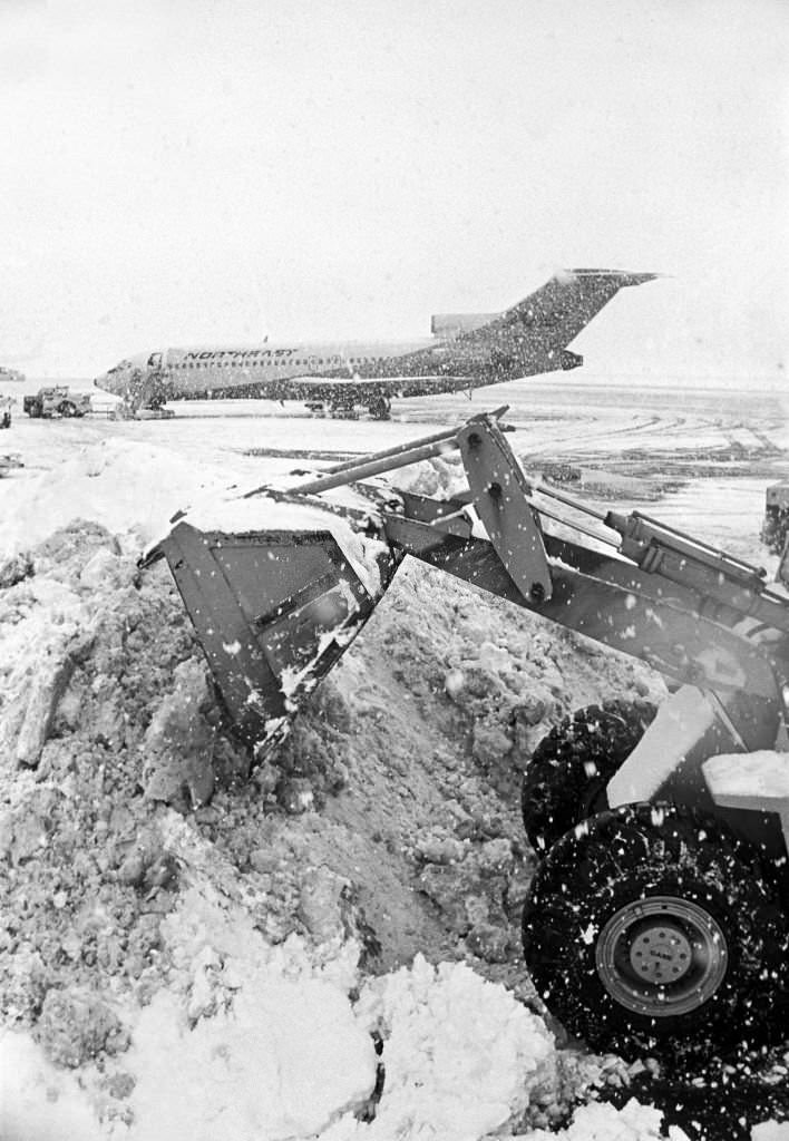 Clearing snow after blizzard at Local Airport, East Boston, Massachusetts, 1970.