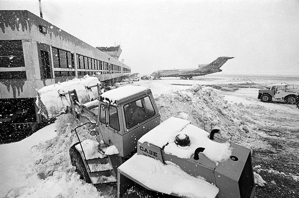 Clearing snow after blizzard at Local Airport, East Boston, Massachusetts, 1970.